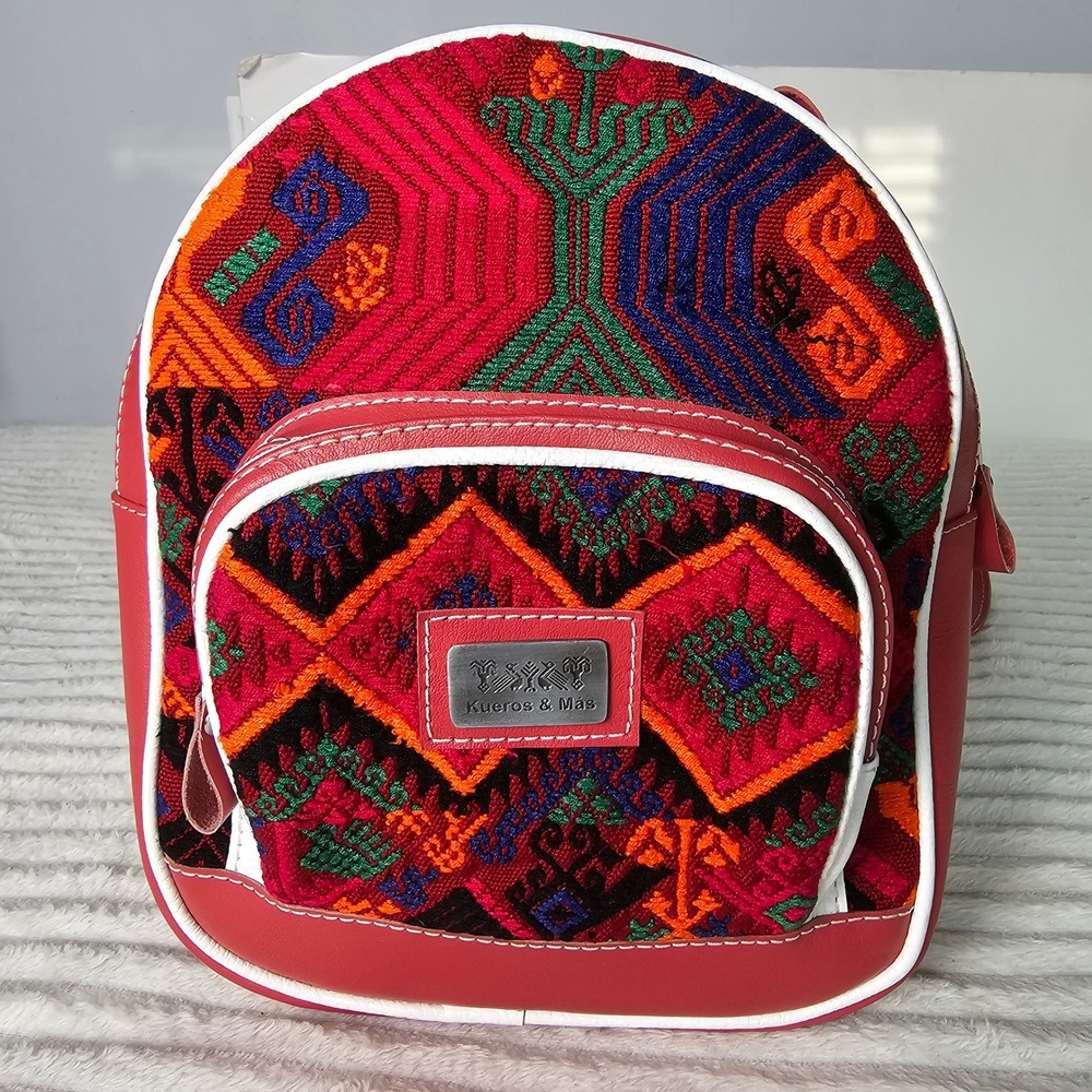 Kueros & Mas Womens Huipil Embroidered Leather Mini Backpack Sm Red Boho Tribal
